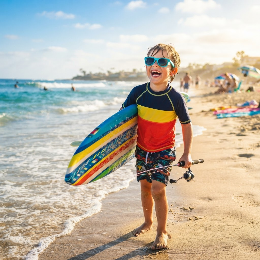 A happy grom laughing at the beach wearing bright turquoise GromShades sunglasses